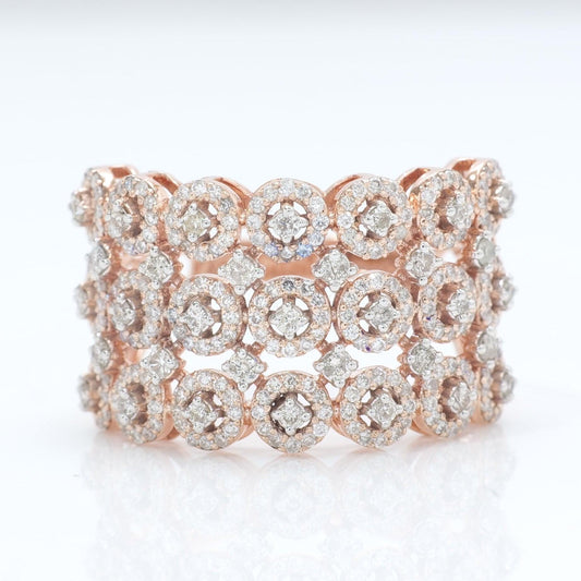 Front view of the three row band — 14K solid gold ring paved with natural diamonds