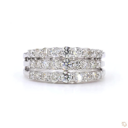 Triple row pavé natural diamond band ring in 14K white gold, three rows of round diamonds across the front.