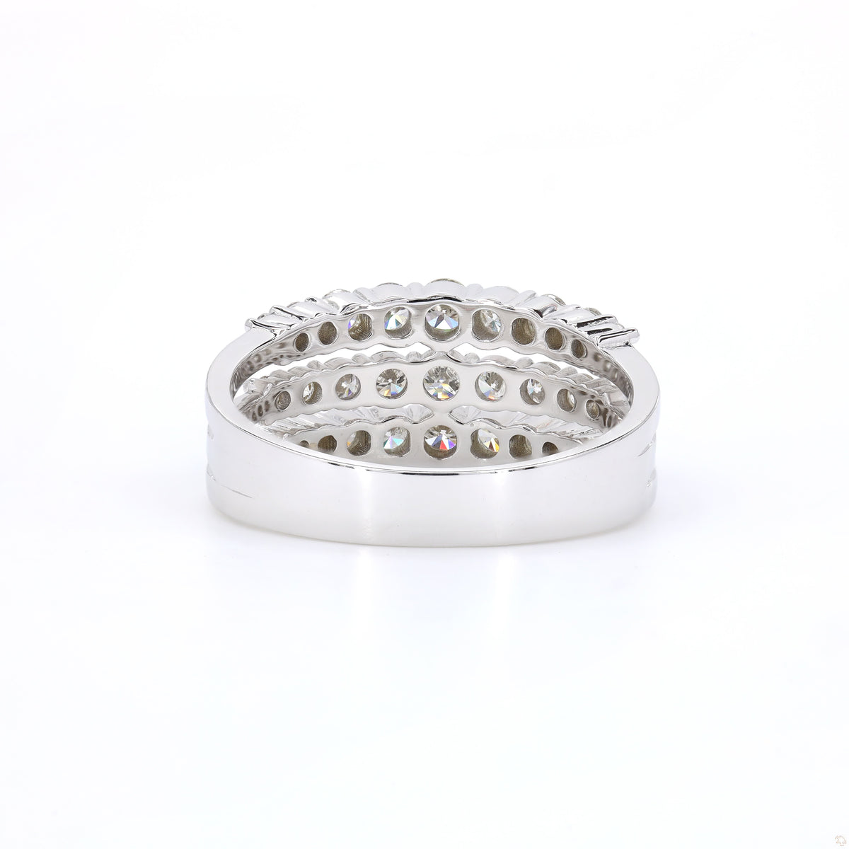 Triple row pavé natural diamond band ring in 14K white gold, close detail of the prong-set round diamonds.