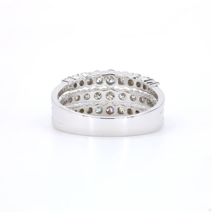 Triple row pavé natural diamond band ring in 14K white gold, close detail of the prong-set round diamonds.