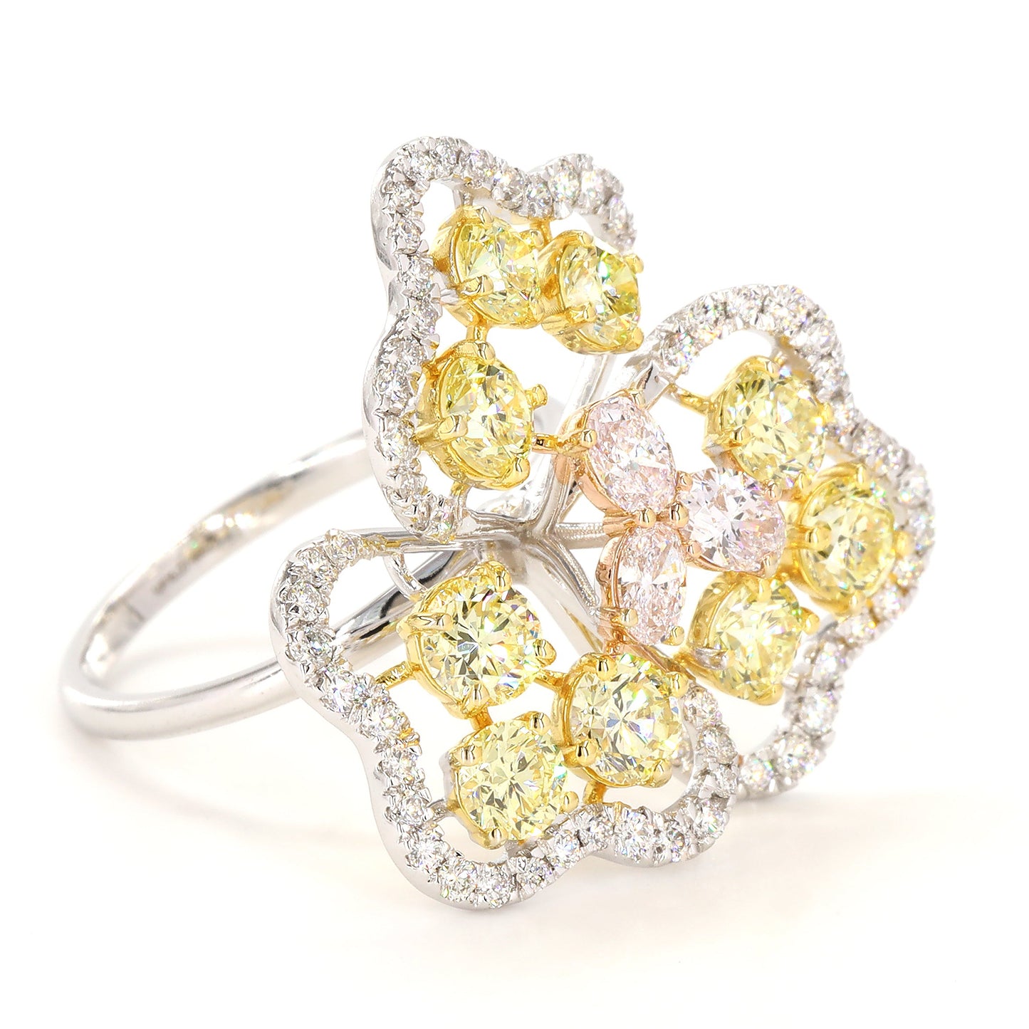 Floral Cluster Yellow and Pink Natural Diamond Ring