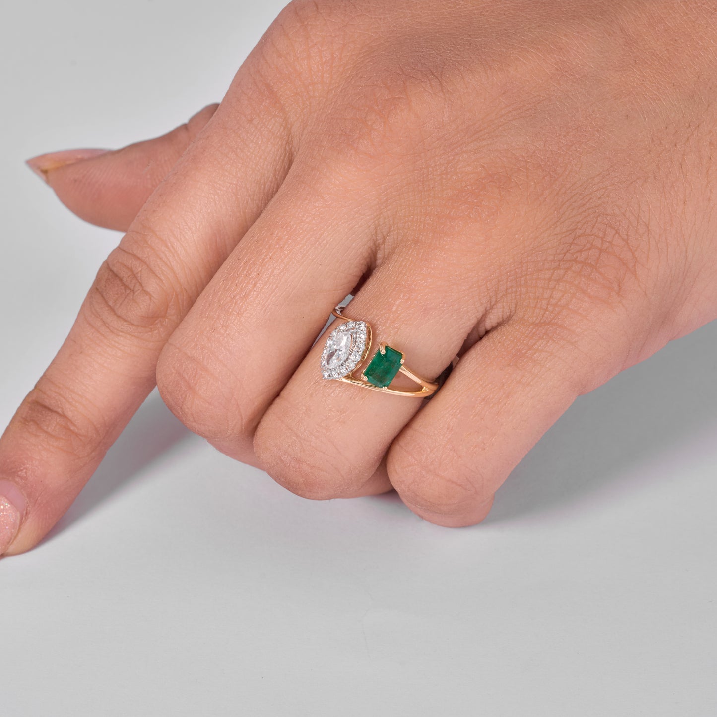 Emerald Diamond Marquese Bypass Ring