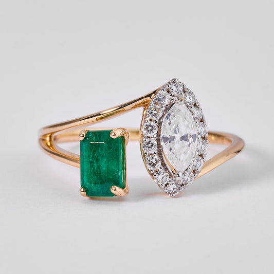 Emerald Diamond Marquese Bypass Ring