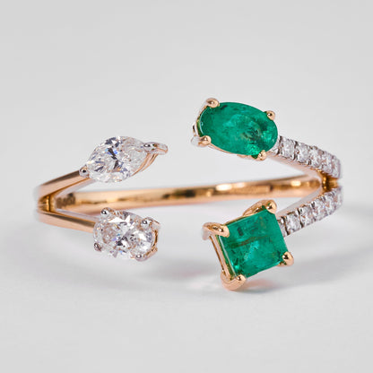 Emerald Diamond Bypass Cuff Ring