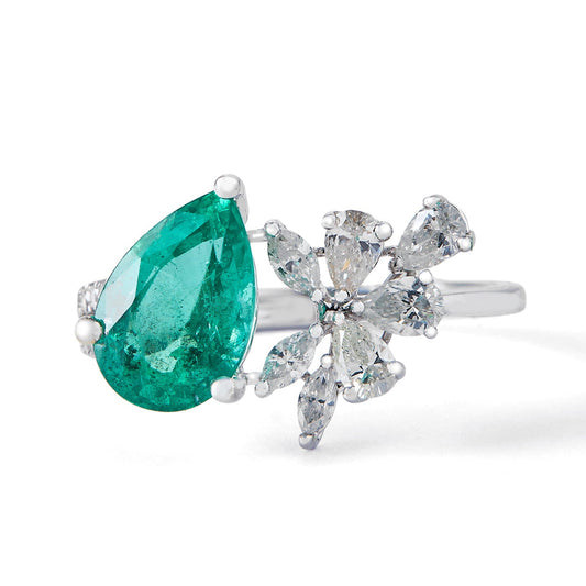 Front view of the pear emerald and floral diamond cluster ring — 14K white gold with natural emerald and diamonds