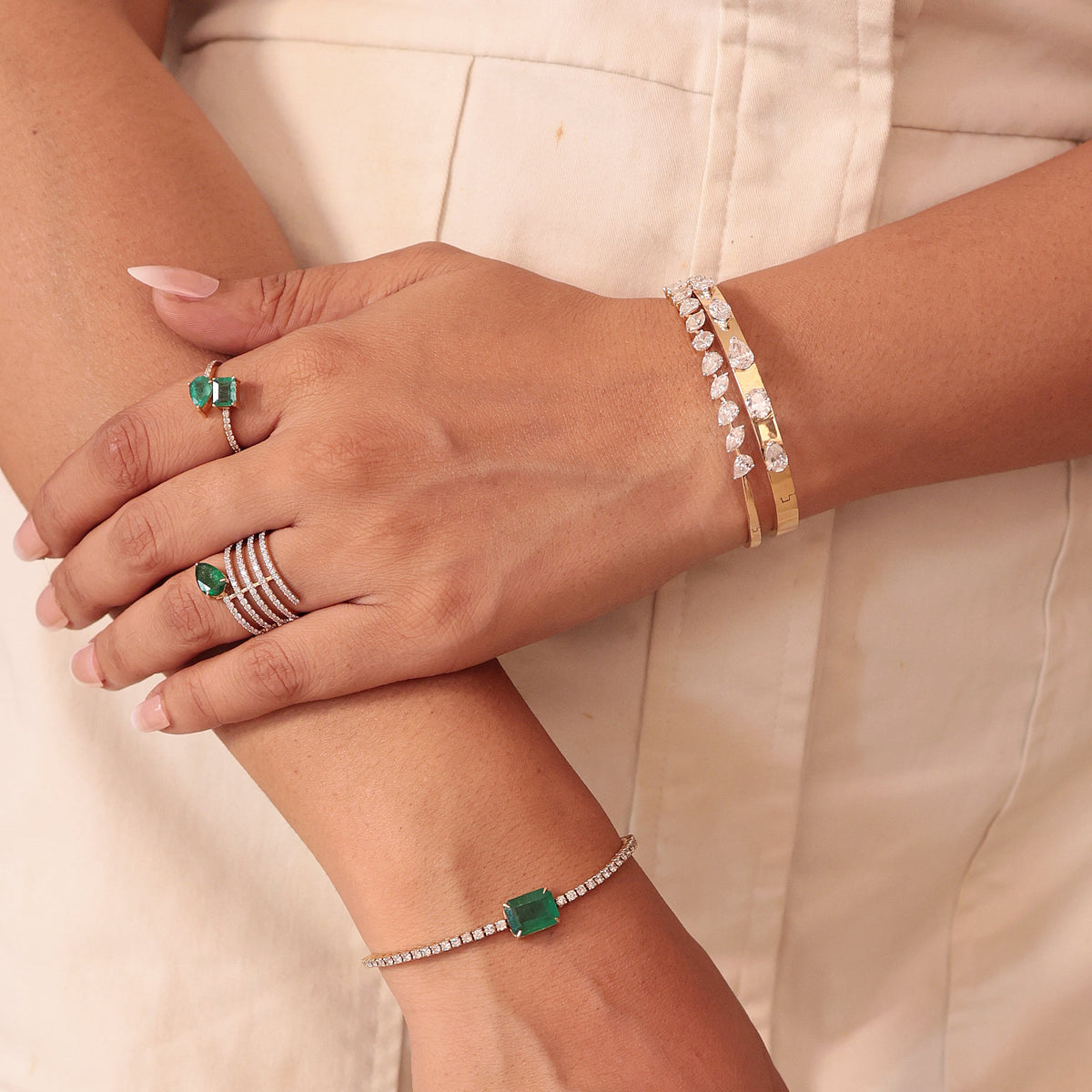 Pear Emerald and Natural Diamond Openwork Multi Row Wide Band