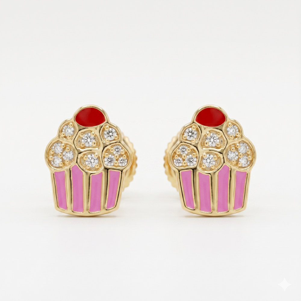 Kids Enameled Cupcake Diamond Stud Earrings