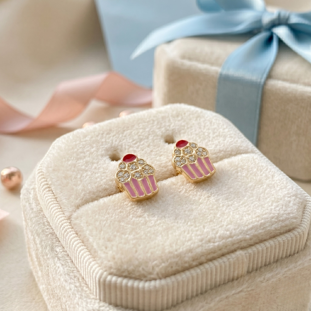 Kids Enameled Cupcake Diamond Stud Earrings