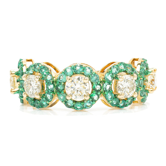 Circle Emeralds Diamond Halo Band Ring