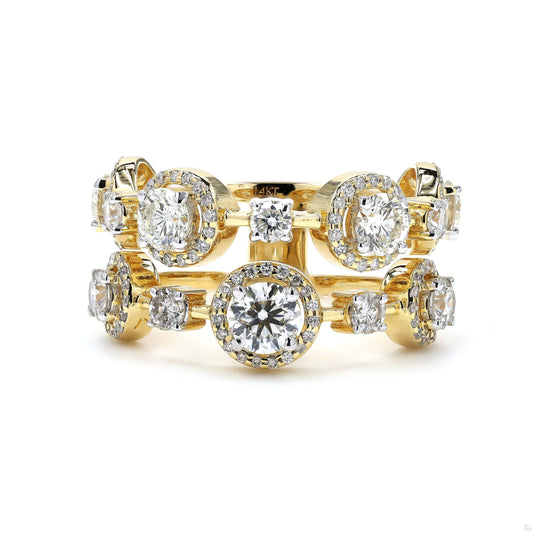 Front view of the halo cluster band — 14K yellow gold wide ring with natural diamonds