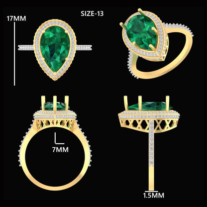 Dimension drawing of the pear emerald halo ring showing the head and band measurements