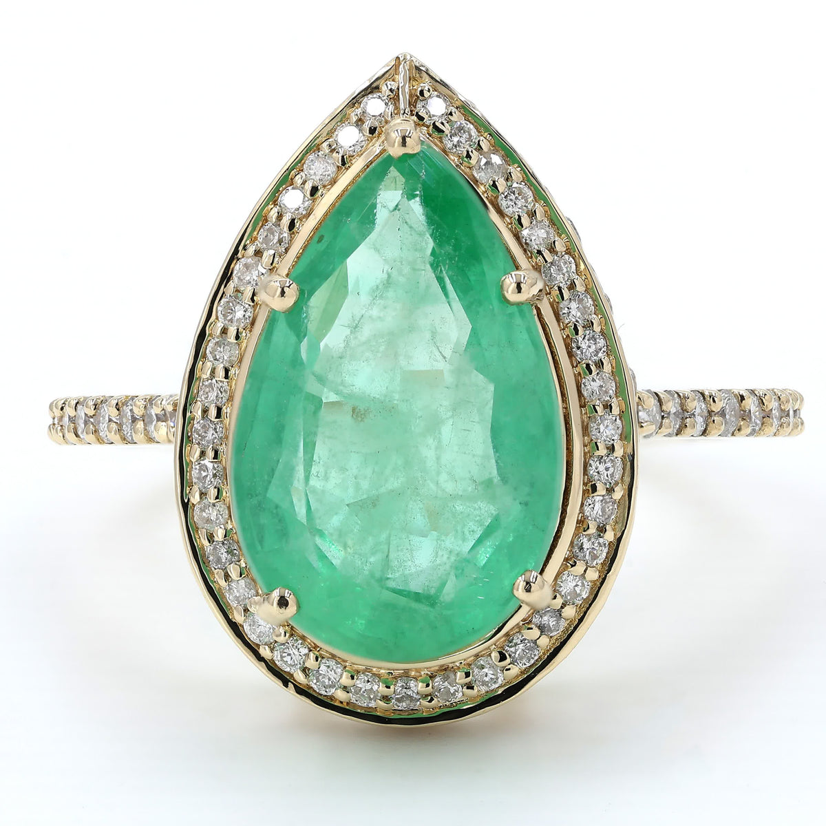 Front view of the pear emerald halo ring — 14K yellow gold with a green emerald and natural diamonds