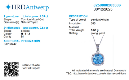 Natural Blue Topaz Halo Diamond Pendant Necklace