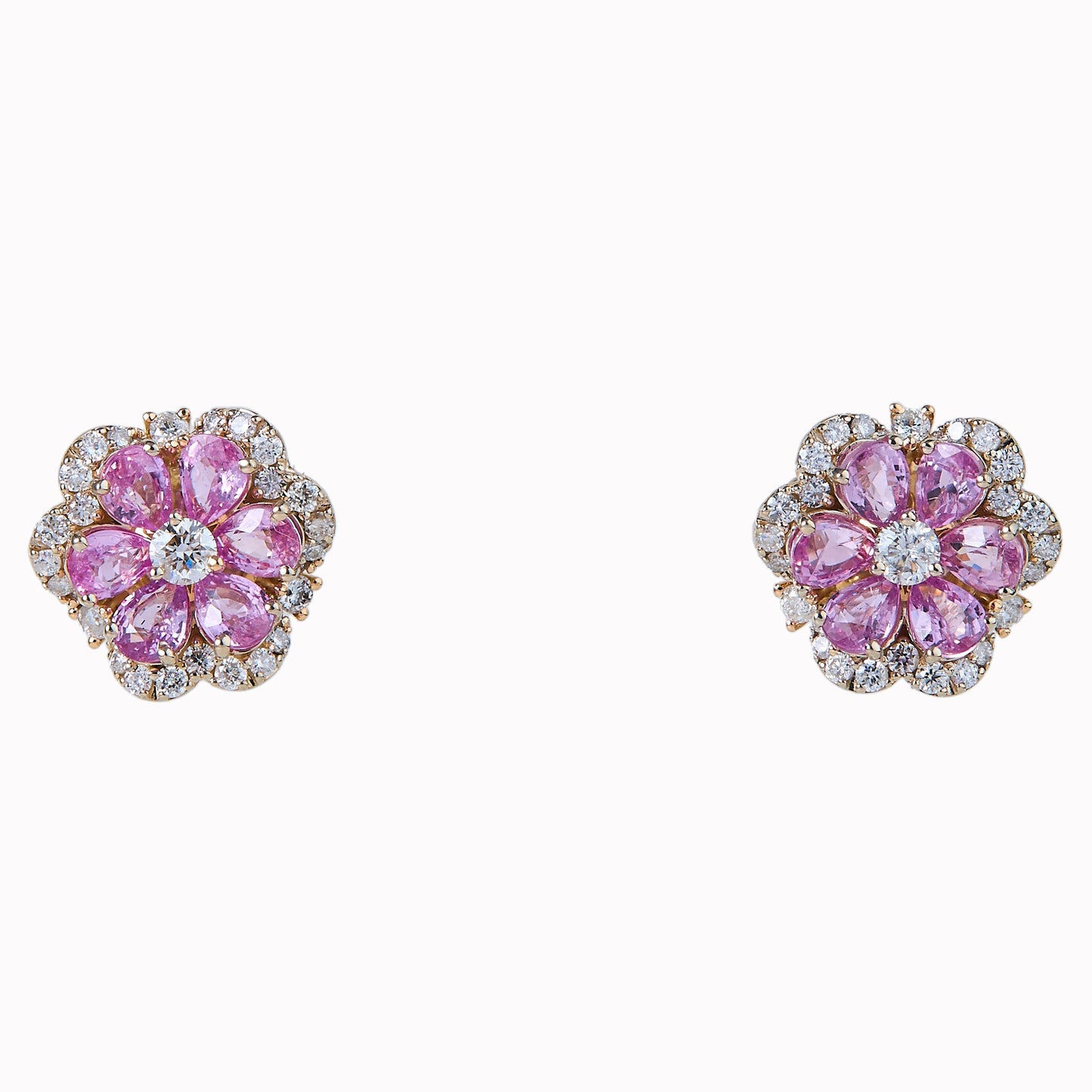 Flower Natural Pink Sapphire & Diamond Stud Earrings