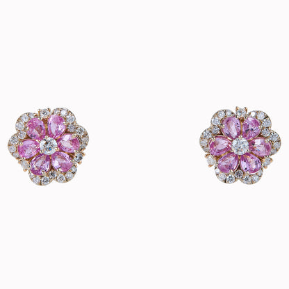 Flower Natural Pink Sapphire & Diamond Stud Earrings