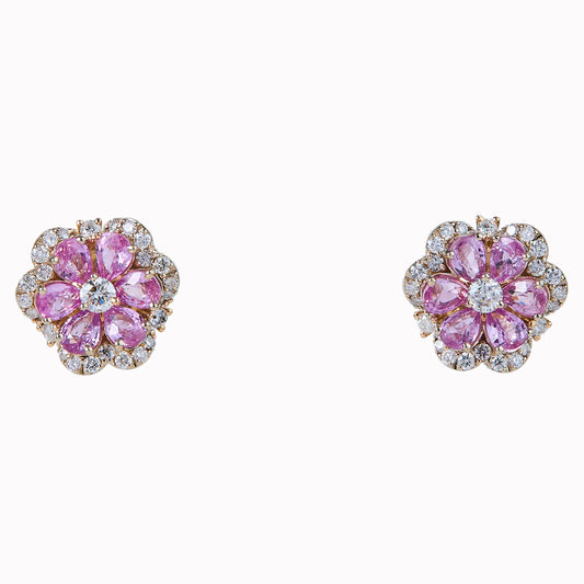 Flower Natural Pink Sapphire & Diamond Stud Earrings