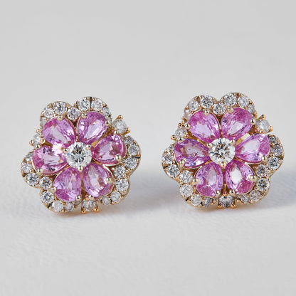 Flower Natural Pink Sapphire & Diamond Stud Earrings