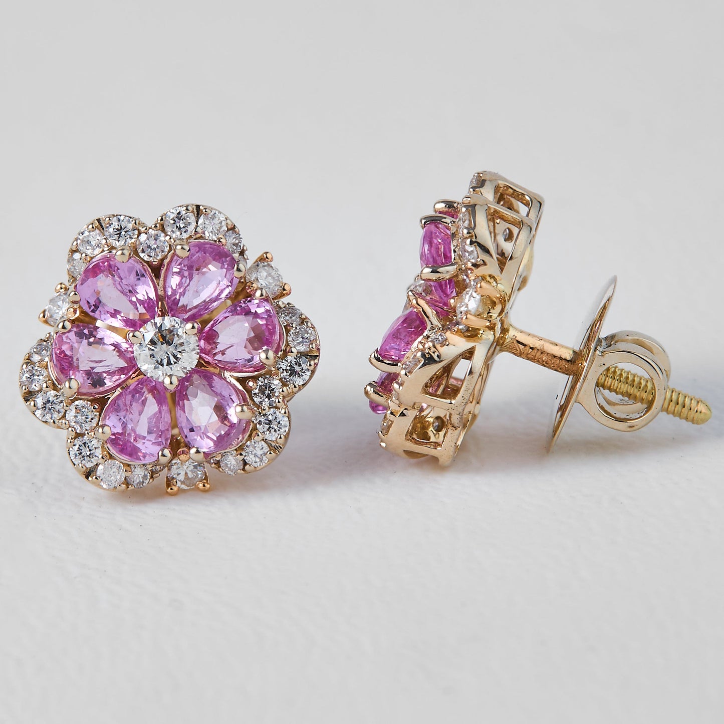 Flower Natural Pink Sapphire & Diamond Stud Earrings