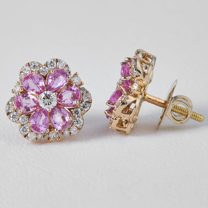 Flower Natural Pink Sapphire & Diamond Stud Earrings