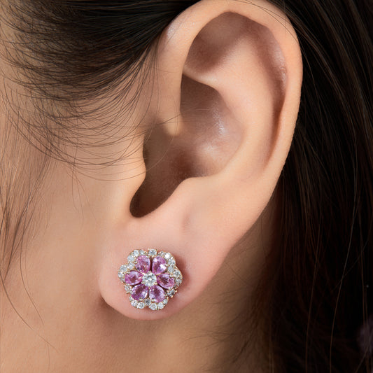 Flower Natural Pink Sapphire & Diamond Stud Earrings