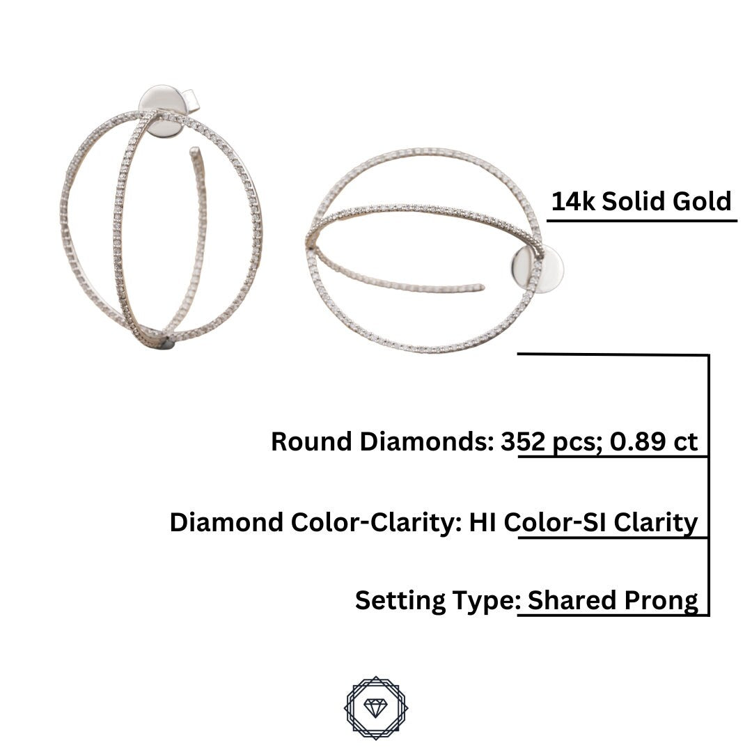 Round Overlapping Criss Cross Circle Hoop Earrings, 14k Solid Gold, Natural Diamonds, Gift for her