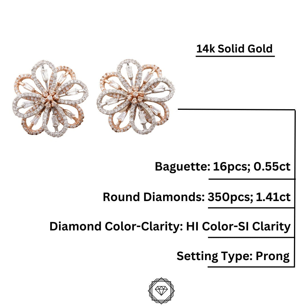 Diamond Flower Stud Earrings, Fancy Diamond Shape earrings, 14k Solid Gold, Dual Tone, Natural Diamonds, Gift For Her