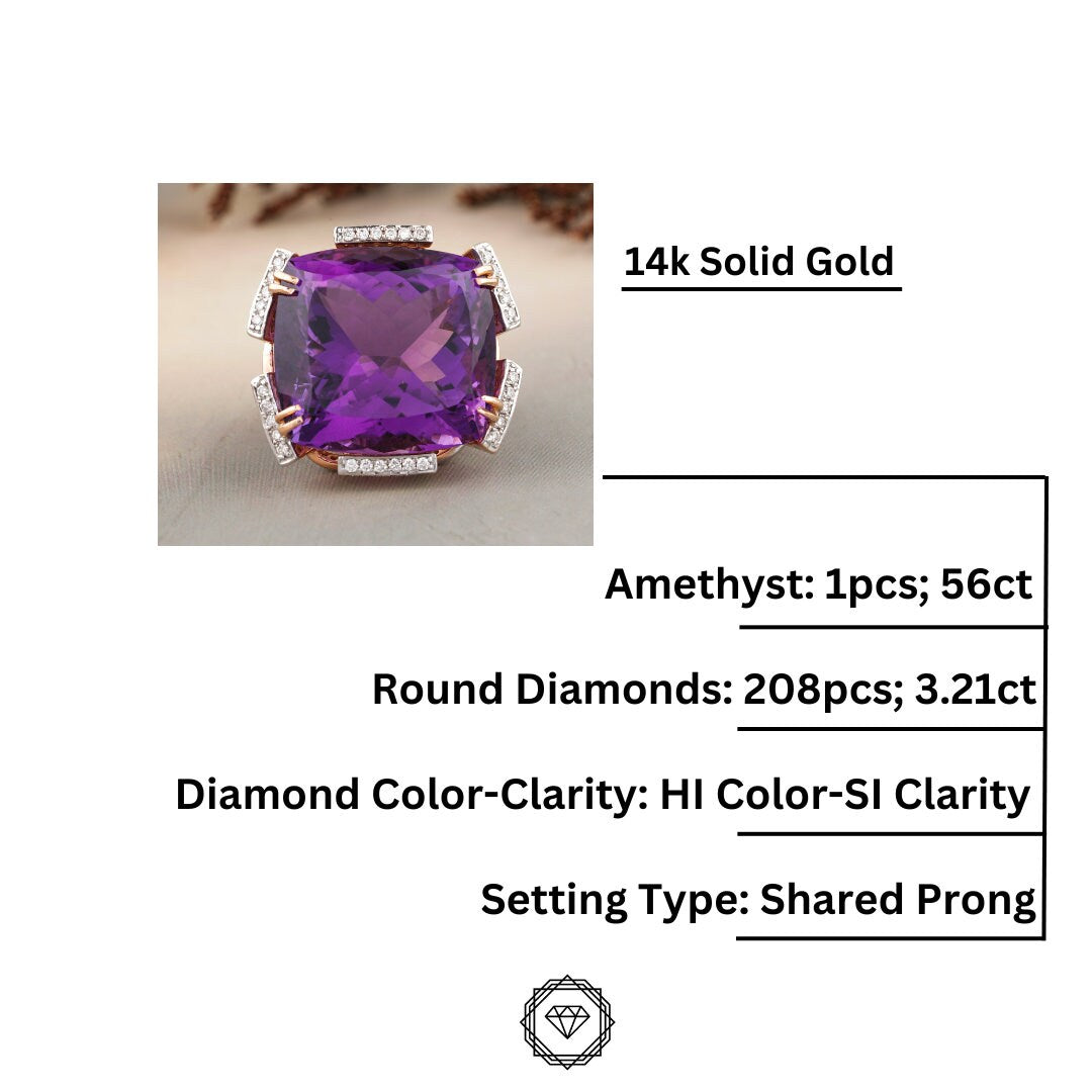 Cushion Shaped Amethyst Diamond Ring, 14k Solid Gold, Natural Diamonds, Cocktail Gemstone Rings, Double Prong Setting, Gift for her