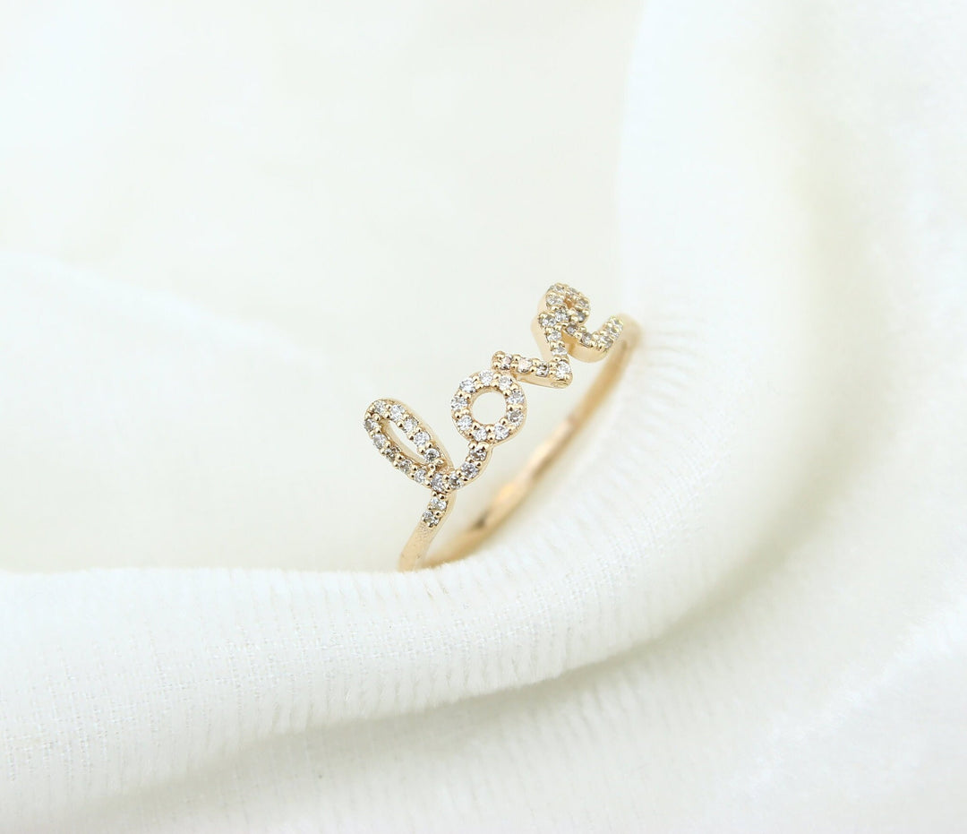 Love Diamond Handwritten Ring, 14K Solid Gold, Natural Diamonds, Gift for her, Everyday Jewelry