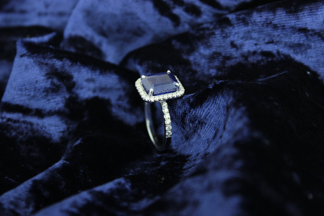 Blue Sapphire Diamond Ring, Gemstone Ring, Emerald Cut Blue Sapphire Ring, 14k Solid Gold, Natural Diamonds, Gift for her