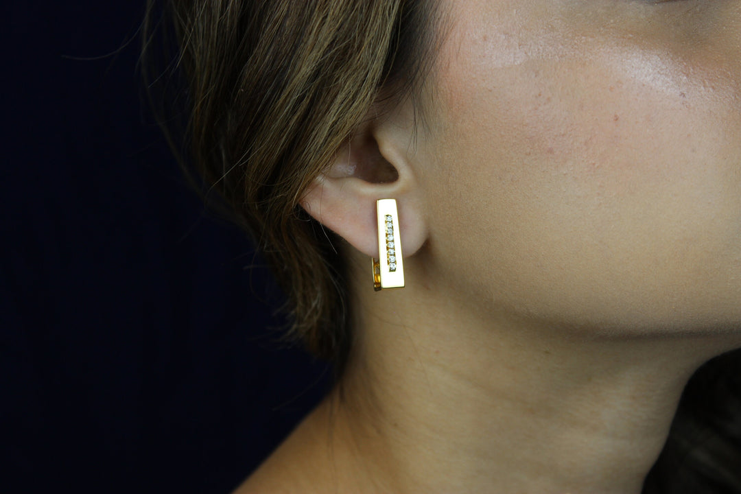 Rectangular Diamond Huggie Hoop Earrings In 14k Solid Gold, Natural Diamonds, Gift for her