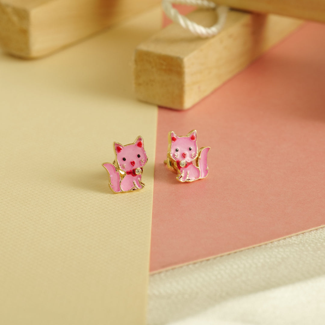 Kids Kitty Diamond Stud Earrings, 14k Solid Gold With Enameling, Natural Diamonds, Kids jewelry, Gift for toddlers, girls and kids