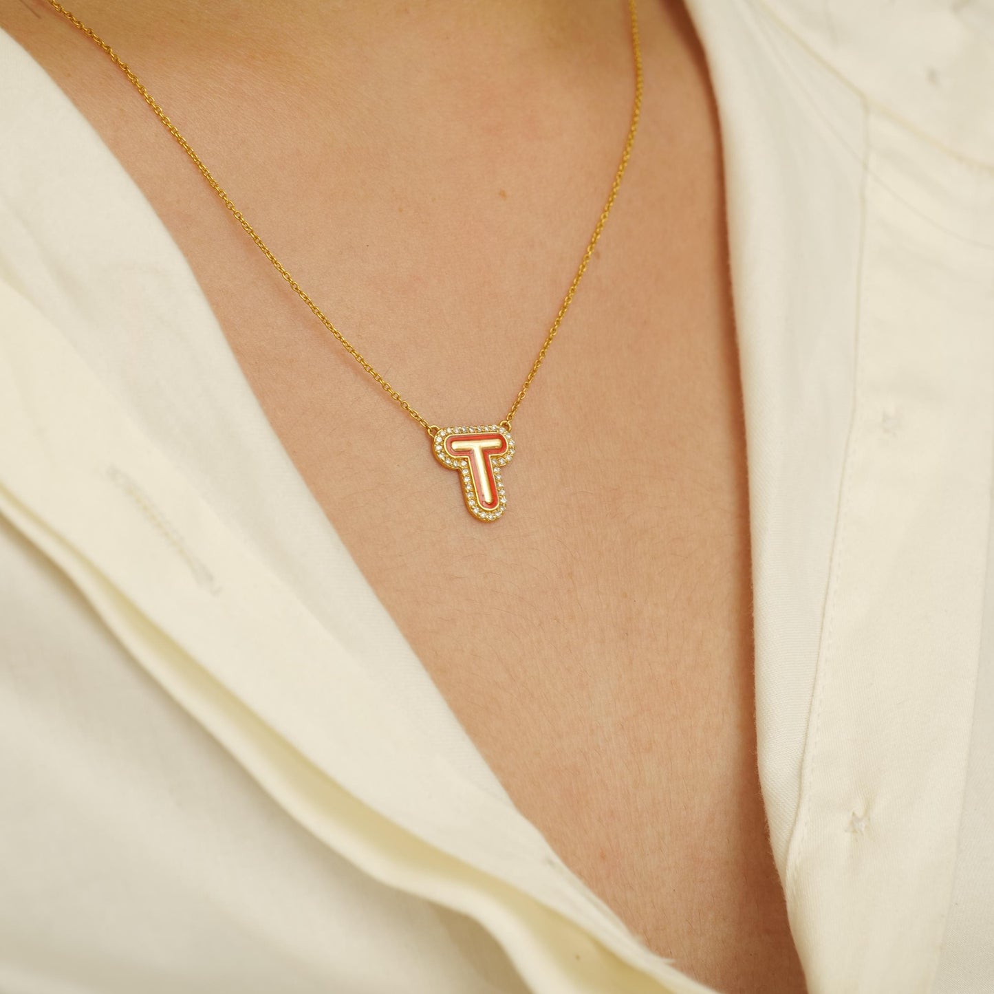Personalized Initial Halo Diamond Enamel Necklace