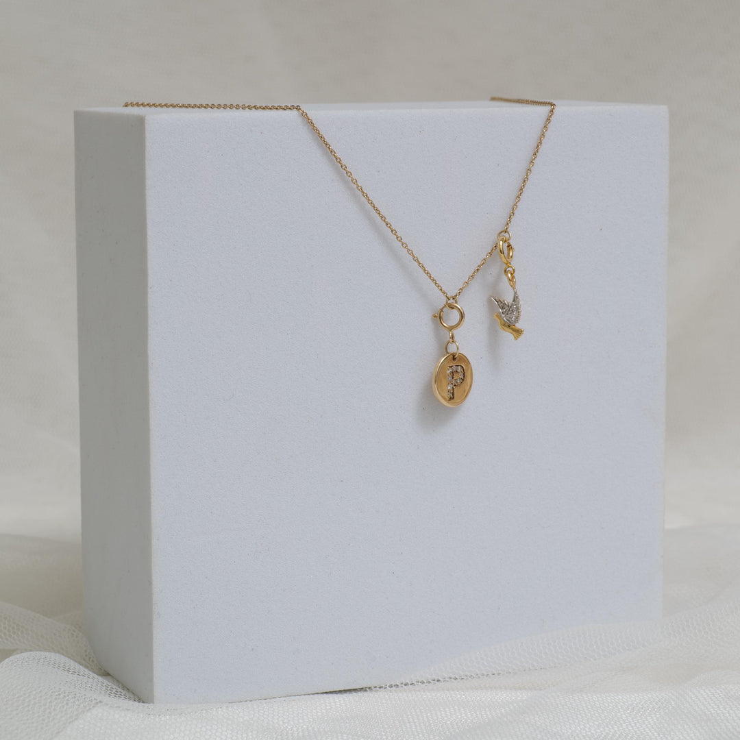 Personalized Initial Necklace, Bird Charm Necklace in 14k Solid Gold, Natural Diamonds, Stacking Two Charm Necklace, Minimalist Gift For Her