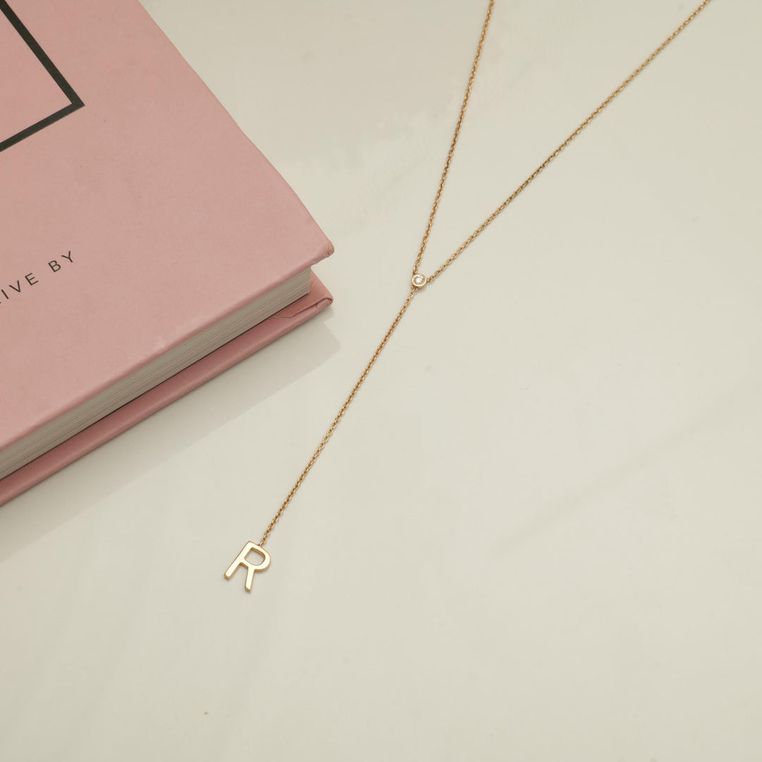 Personalized Initial Lariat Necklace, 14k Solid Gold Diamond Letter, Natural Diamonds, Custom Name Initial Jewelry, Minimalist Gift For Her