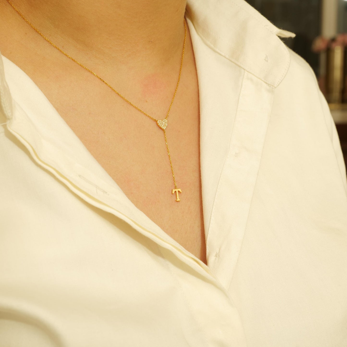 Personalized Initial Heart Diamond Lariat Necklace