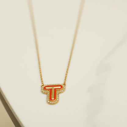 Personalized Initial Halo Diamond Enamel Necklace
