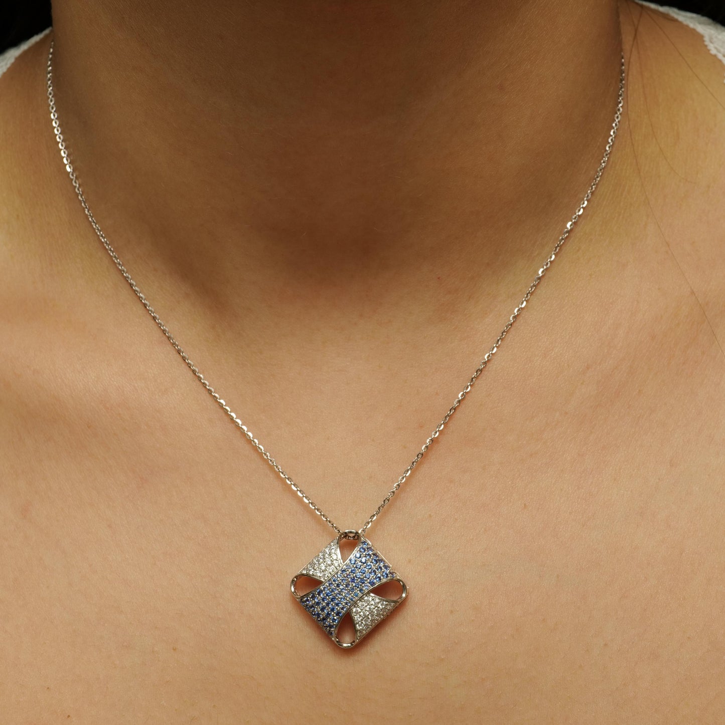 Square Blue Sapphire Diamond Pendant Necklace