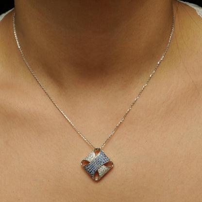Square Blue Sapphire Diamond Pendant Necklace