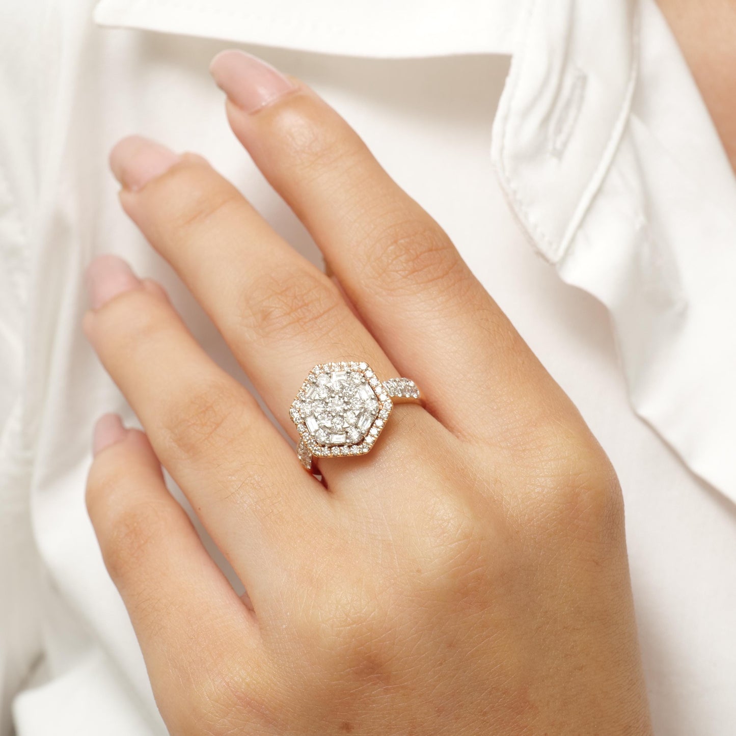 Hexagonal Halo Natural Diamond Bridal Ring