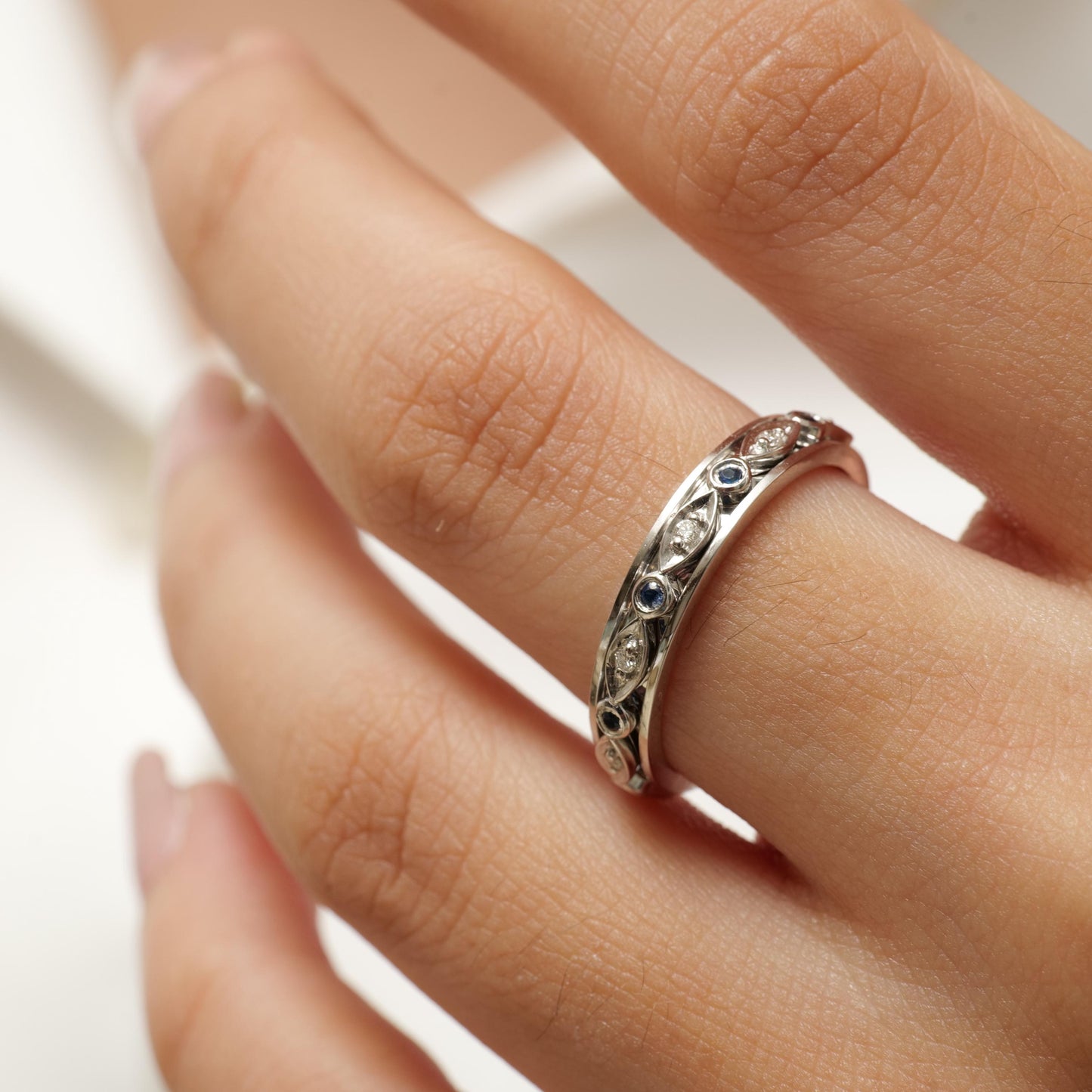 Natural Blue Sapphires & Diamonds Eternity Band Ring