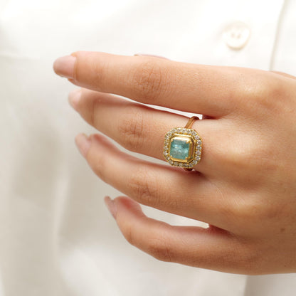 Princess Cut Halo Emerald Gemstone Diamond Ring