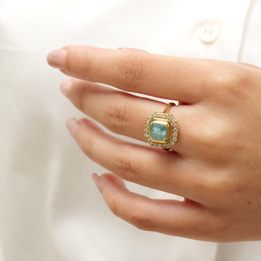 Princess Cut Halo Emerald Gemstone Diamond Ring