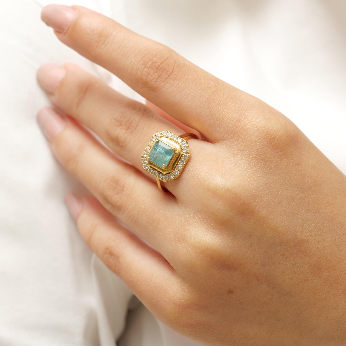 Princess Cut Halo Emerald Gemstone Diamond Ring