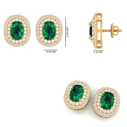 Oval Emerald Halo Diamond Stud Earrings