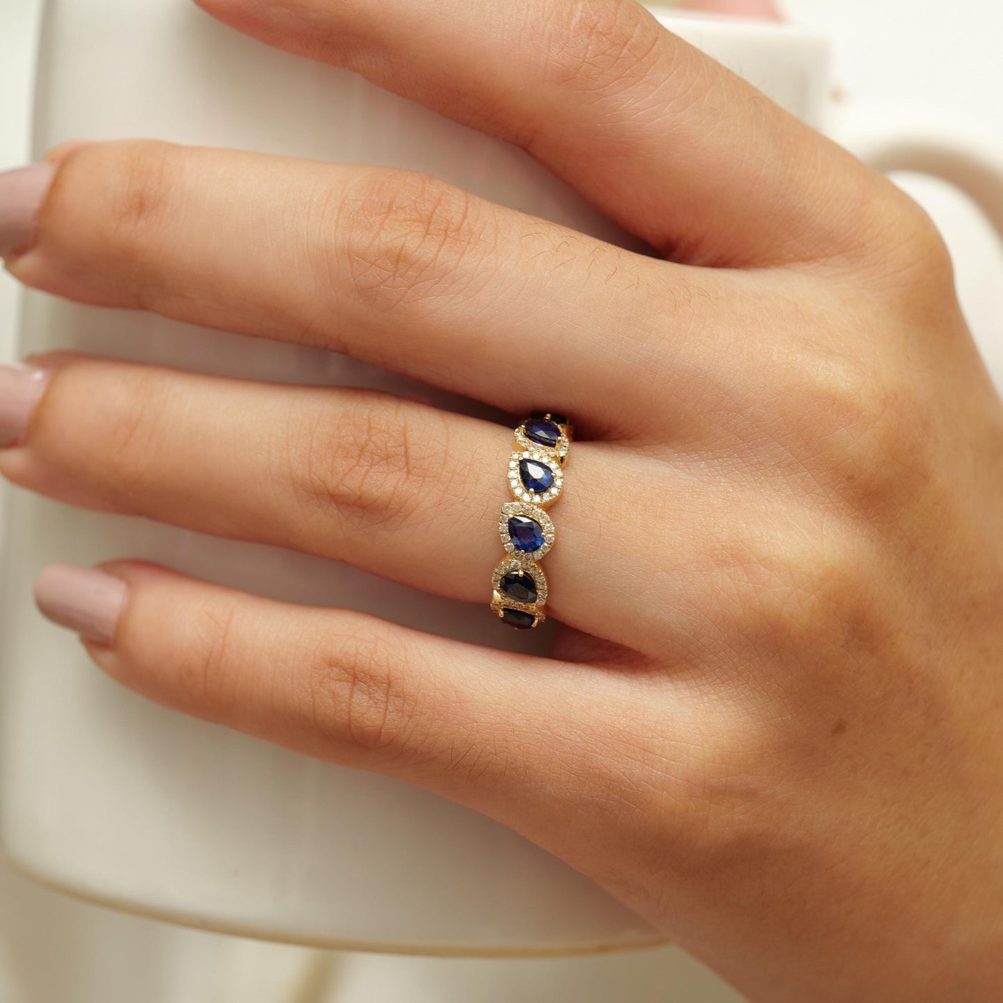 Pear Blue Sapphire Diamond Ring