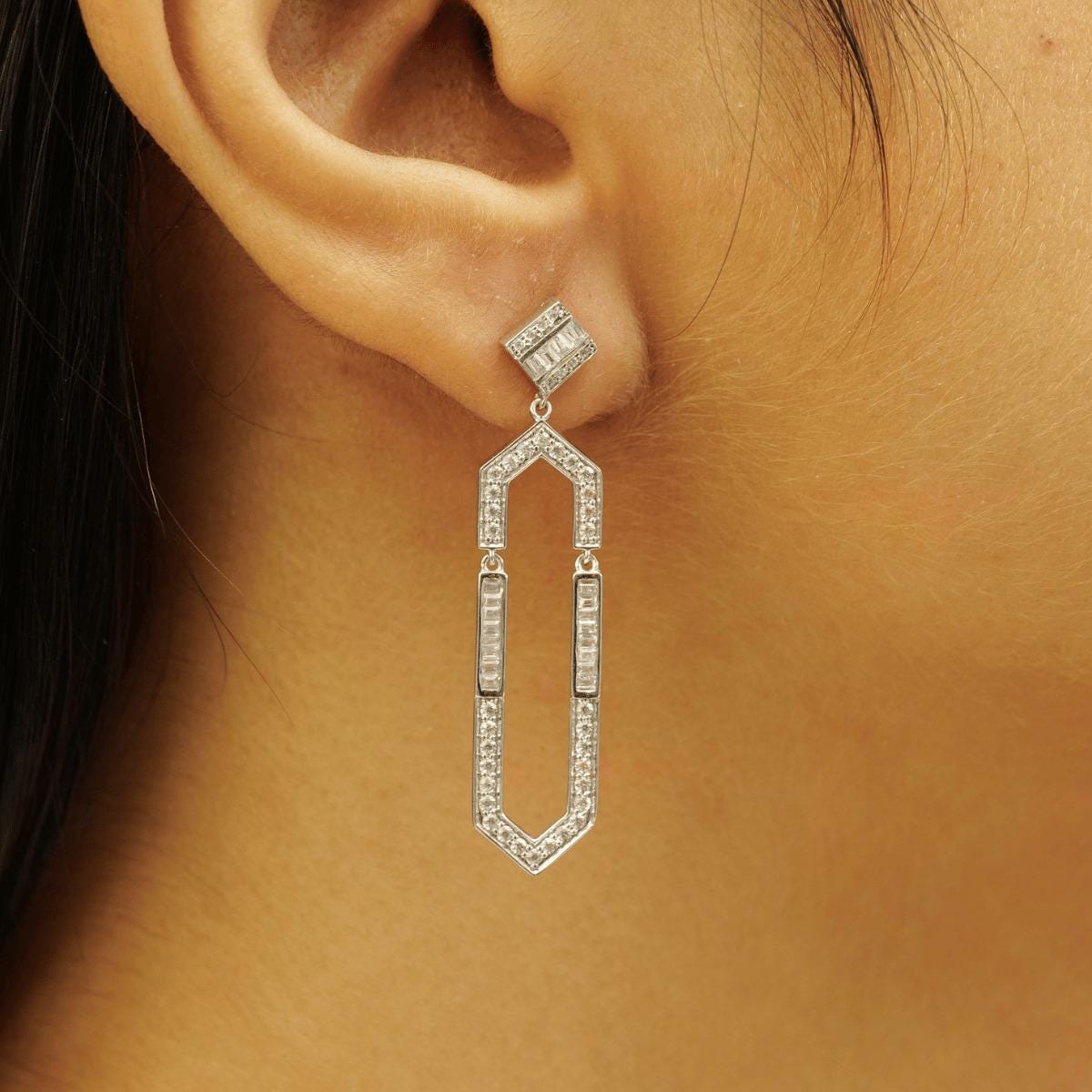 Hexagonal Dangle Diamond Earrings