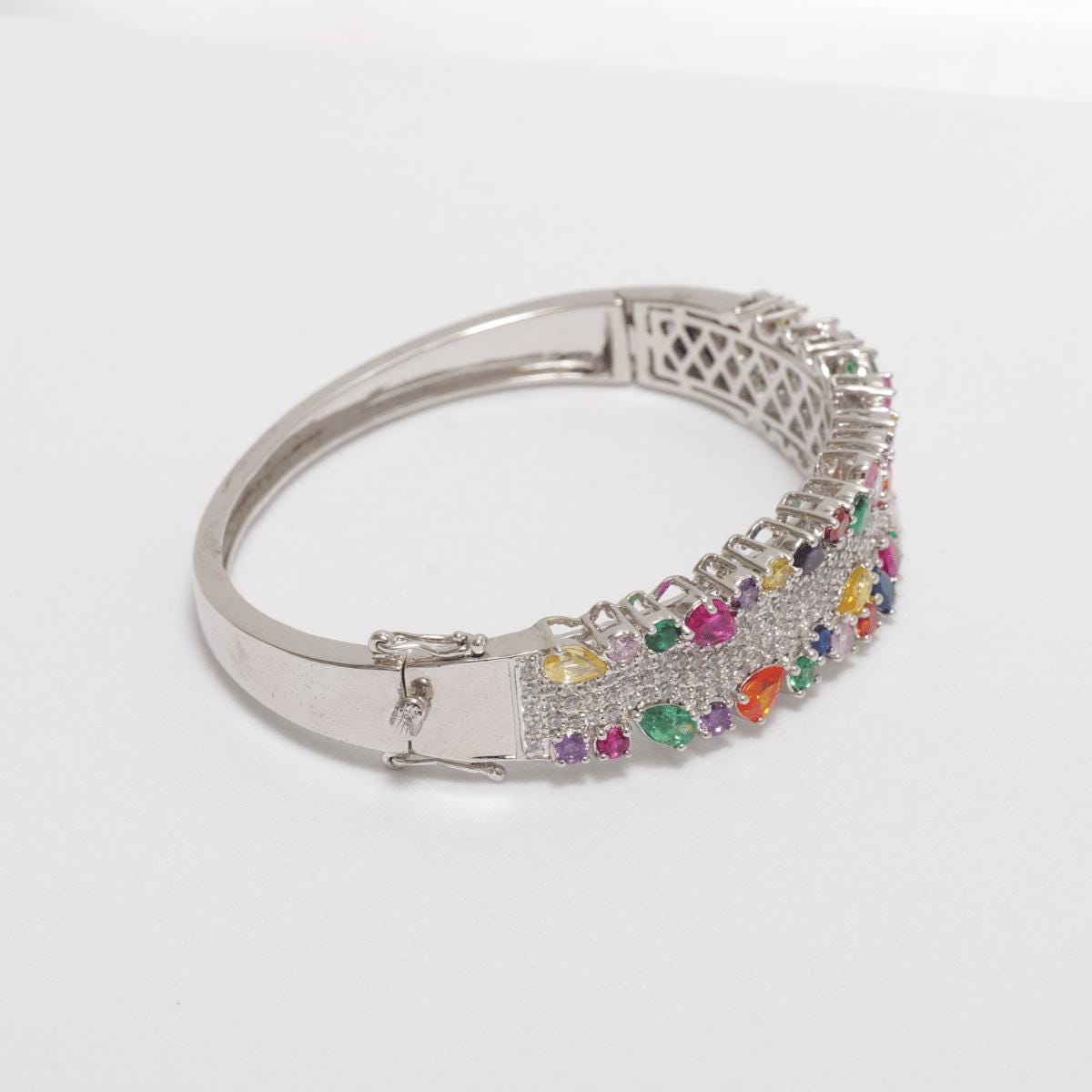 Rainbow Gemstone Natural Diamond Broad Bridal Bracelet