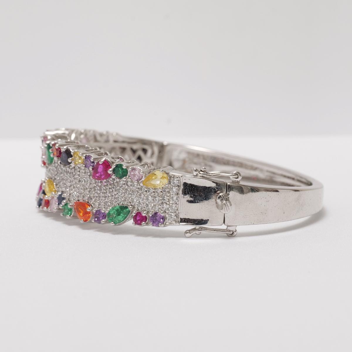 Rainbow Gemstone Natural Diamond Broad Bridal Bracelet