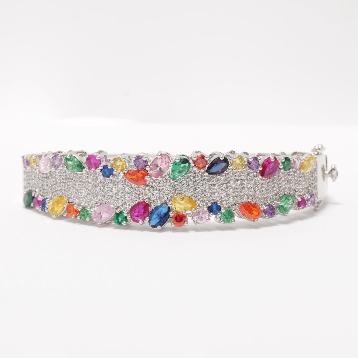 Rainbow Gemstone Natural Diamond Broad Bridal Bracelet
