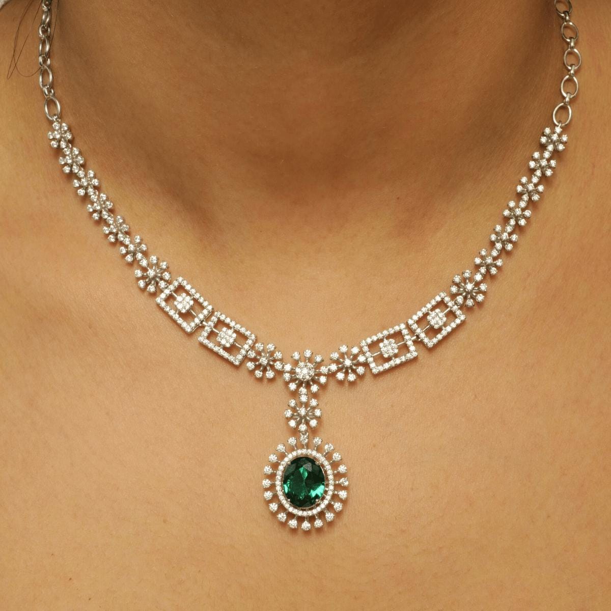 Halo Oval Emerald Diamond Necklace Earring Set